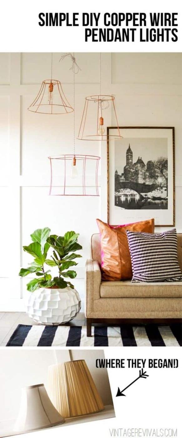 Upcycled Copper Wire Pendant Lights, gentle on the budget and the clock alike and a project that earns its spot on a shelf