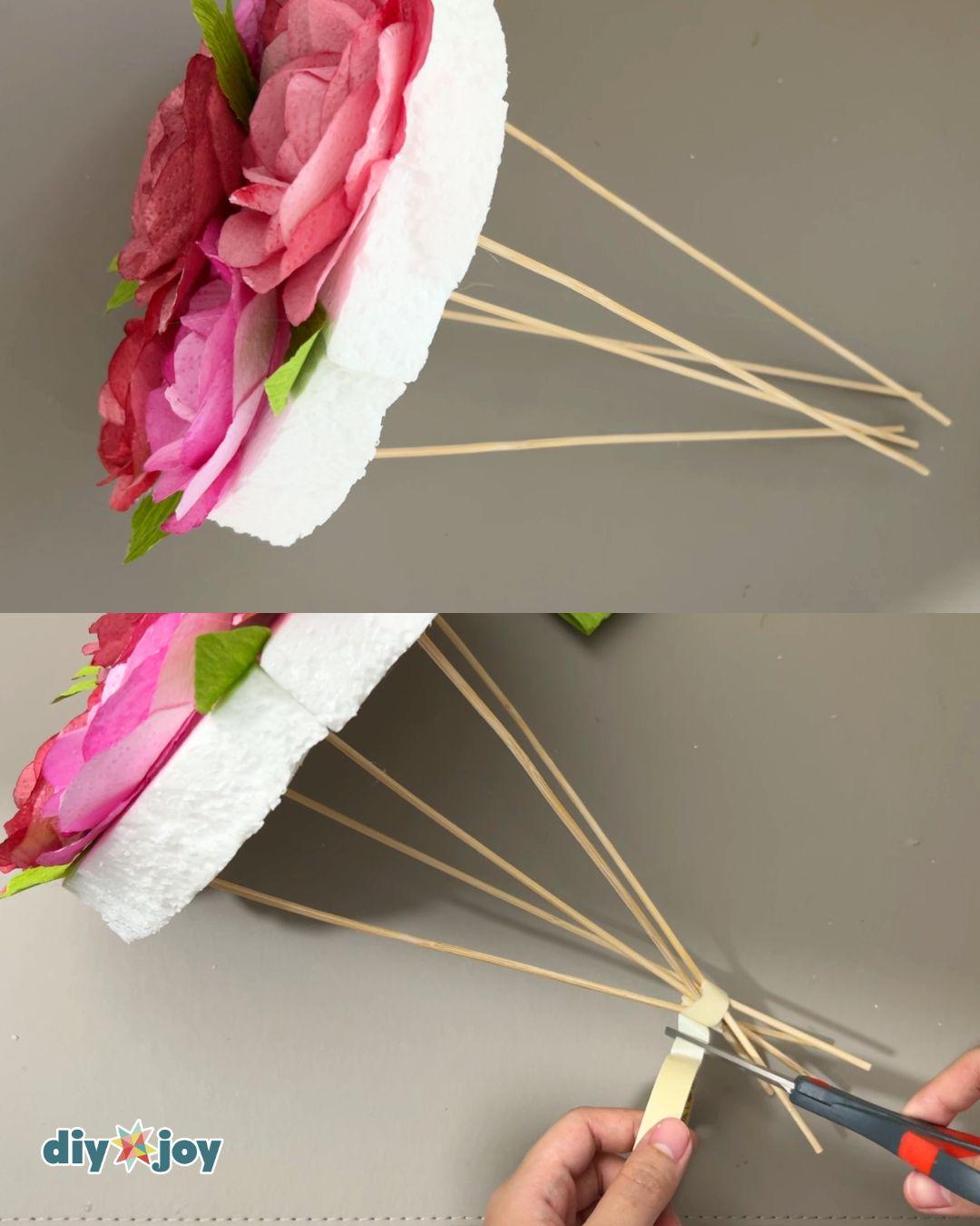 Easy Aesthetic Paper Flower Bouquet Paper Towels — inserting skewers