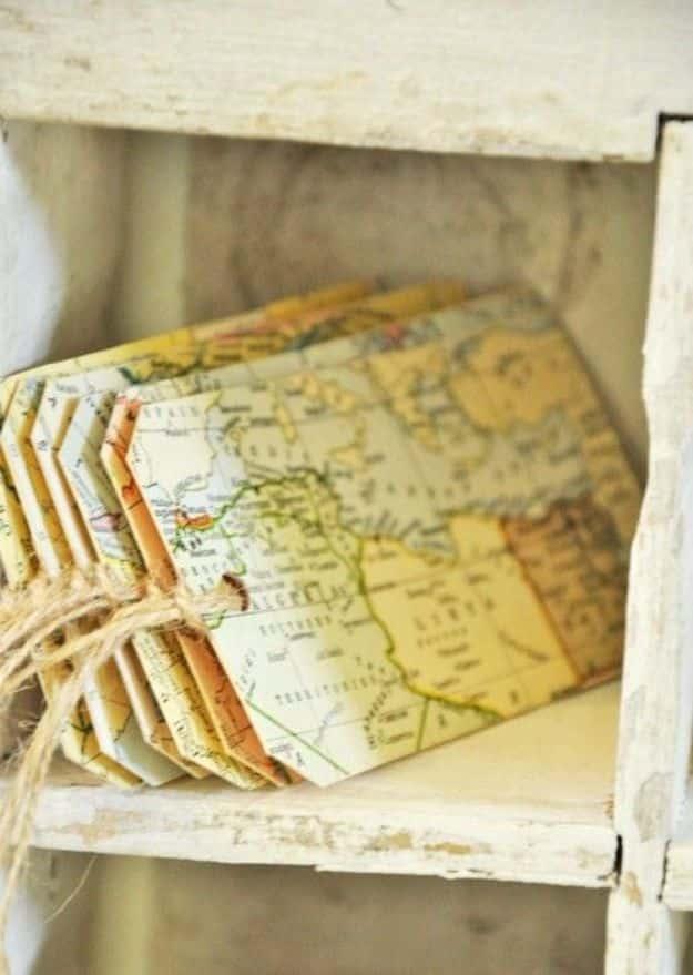 Map Gift Tags, tidy enough in mess to make at the kitchen table and a find that earns a spot on the mantel