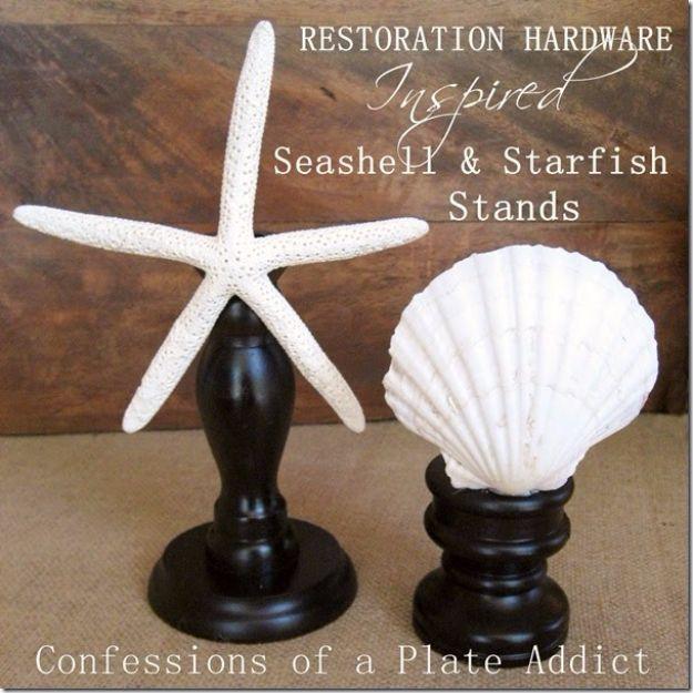 Seashell and starfish stands, a starfish and white scallop hot glued onto two black painted candlesticks