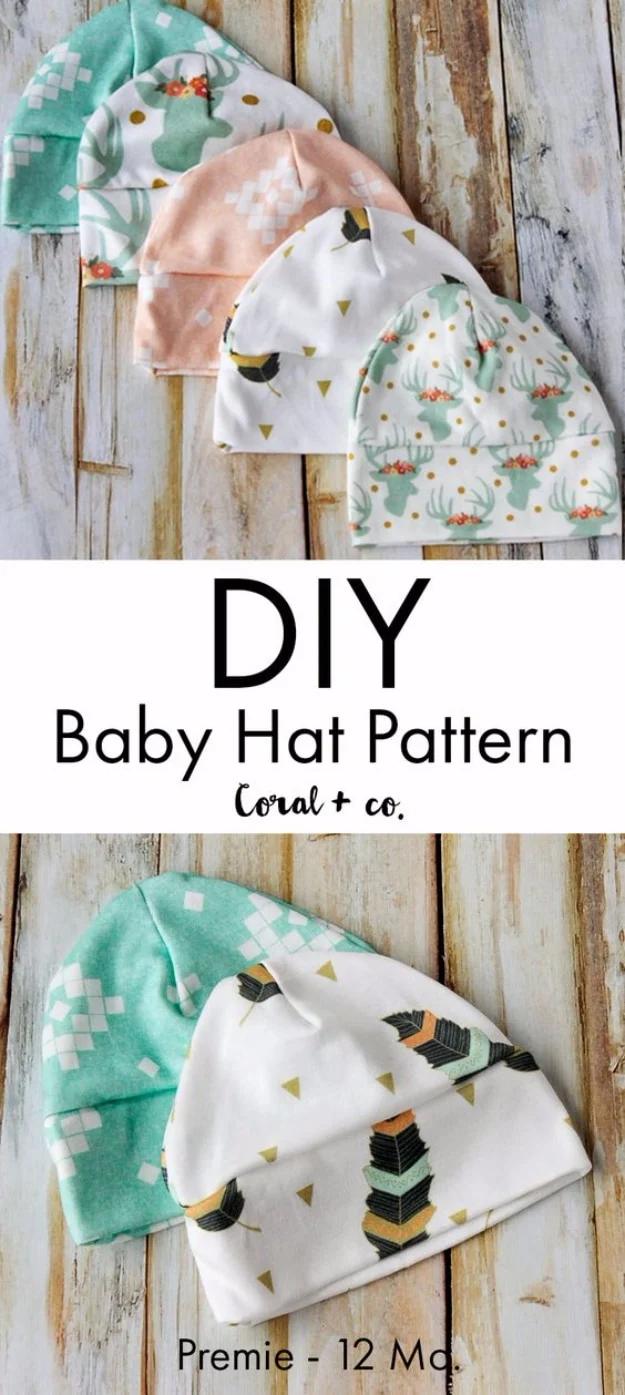 Five knit baby hats in mint, blush and white deer and arrow prints on wood, under a typeset pattern title