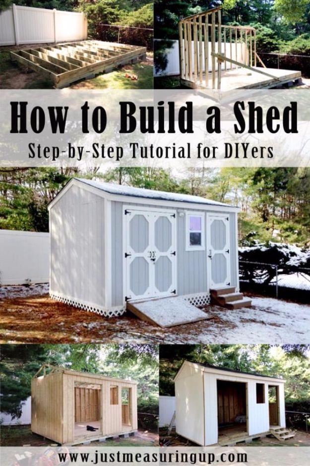 Build a storage shed, a photo grid of a white gable shed from bare floor frame through framing to the finished building