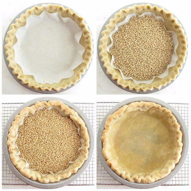 Four photos of a pie crust lined with parchment, filled with baking beans, baked and then emptied on a wire rack