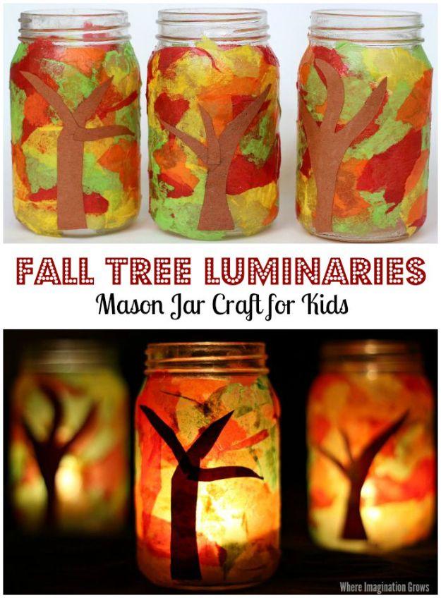 Two panel pin graphic, Fall Tree Luminaries Mason Jar Craft, jars in red, orange and green tissue with brown paper trees