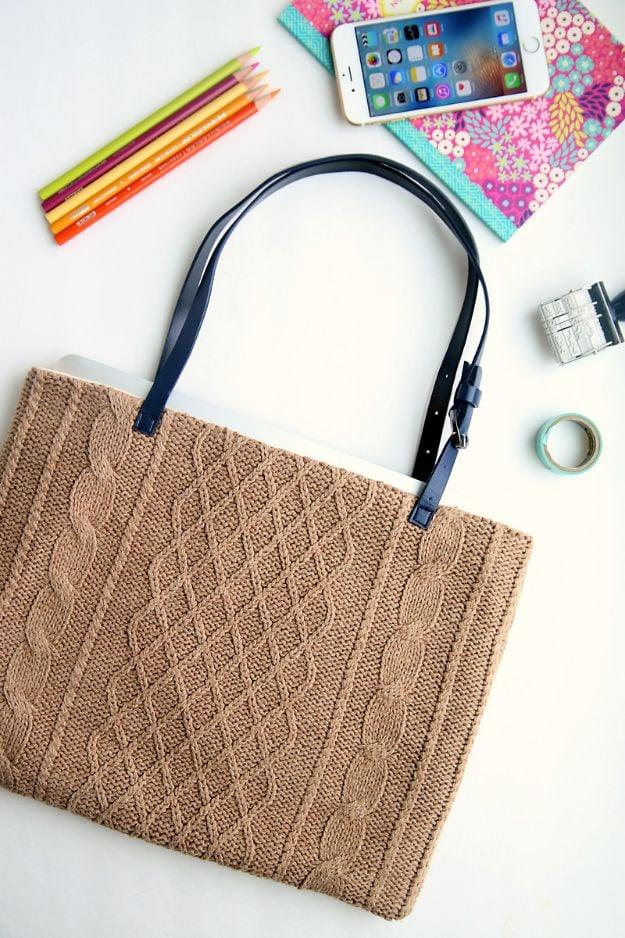 DIY Sweater Laptop Tote, a diy laptop bag, flexible enough to adjust as you go and an idea worth saving for later