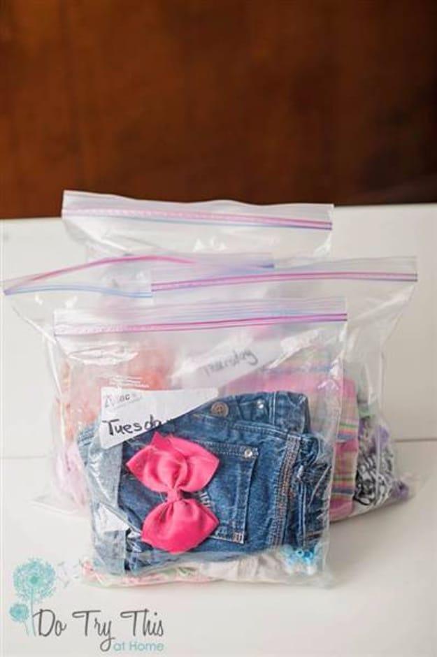 Pack Outfits Into Ziploc Bags, simple enough to try with stuff already on hand and a small fix with a surprisingly big payoff