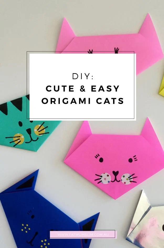 Folded paper cats in hot pink, teal, navy and gray with drawn faces and whiskers, under a typeset title card