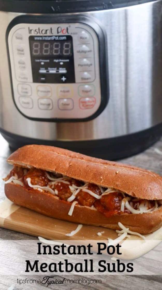 Instant pot above a cheesy meatball sub on a wood board with a text band reading Instant Pot Meatball Subs below