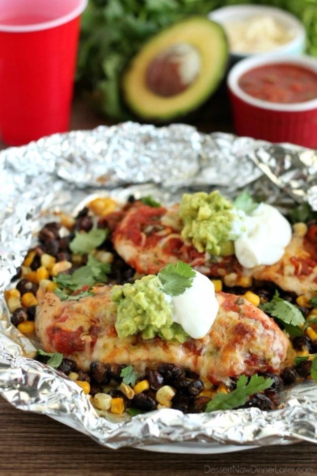 Southwestern chicken foil packet loaded with bold spices for an easy campfire dinner found on Pinterest