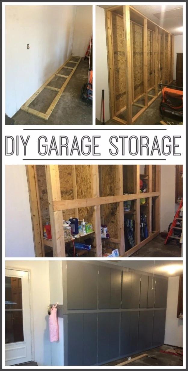 DIY garage storage collage showing framed stud locker bays, shelving inside and finished gray cabinet doors