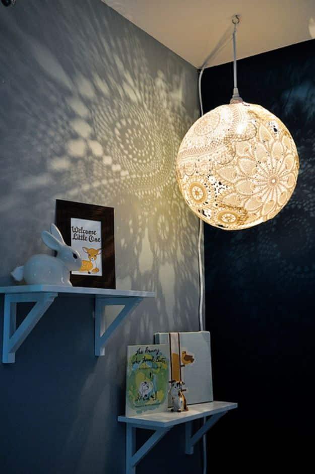 Doily Lamp, a boho decor idea, forgiving enough for a first attempt and a smart way to add personality to a room