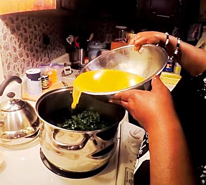 Fry Collard Greens in bacon drippings with ham hocks