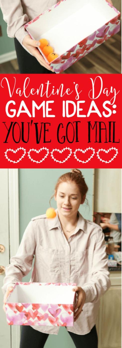 You've Got Mail Valentine party game with paper envelopes and hearts set up for a minute to win it round