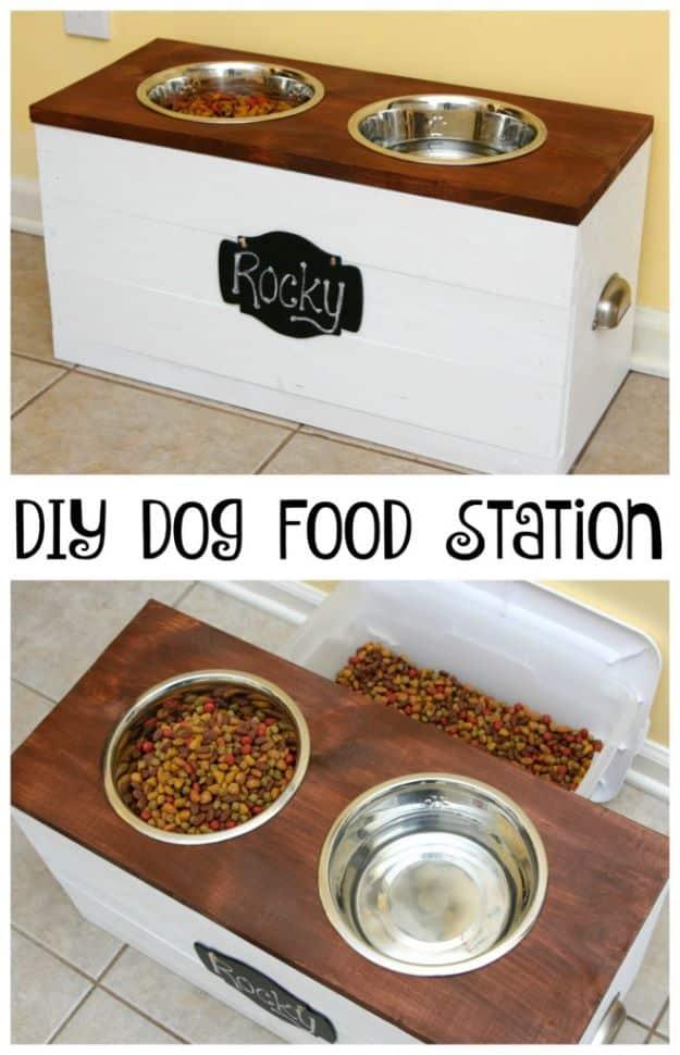 DIY Pet Bowls And Feeding Stations - DIY Dog Food Station With Storage - Easy Ideas for Serving Dog and Cat Food, Ways to Raise and Store Bowls - Organize Your Dog Food and Water B