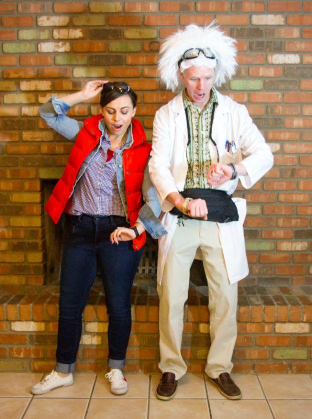 Back to the Future couples costume with a white wig and lab coat beside a red puffer vest and denim jacket