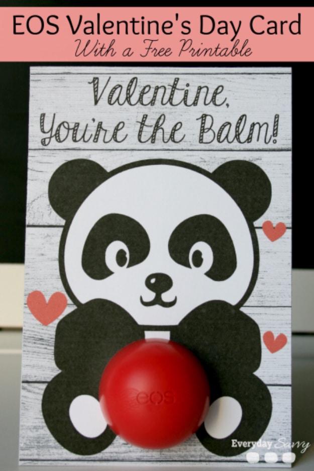 EOS Valentine's Day card, a printable paper card holding a round lip balm in a die cut circle opening