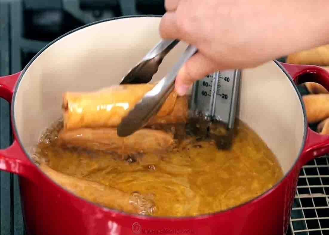 Frying the egg rolls
