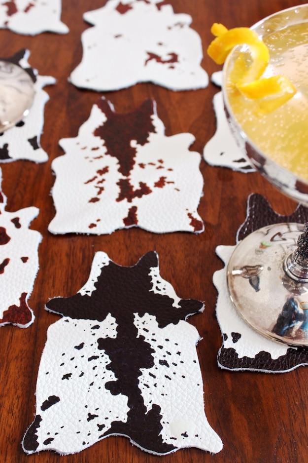 DIY Mini Cowhide Coasters, gentle on the budget and the clock alike and a project that earns its spot on a shelf