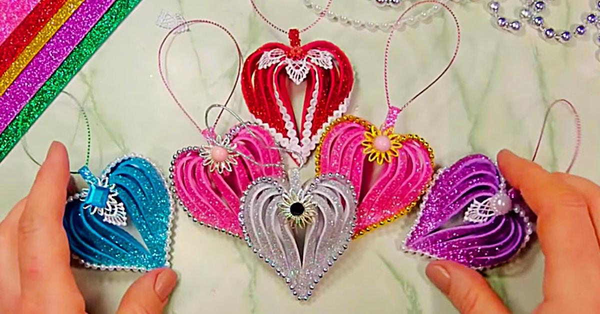 DIY Heart Shaped Glitter Foam Ornaments