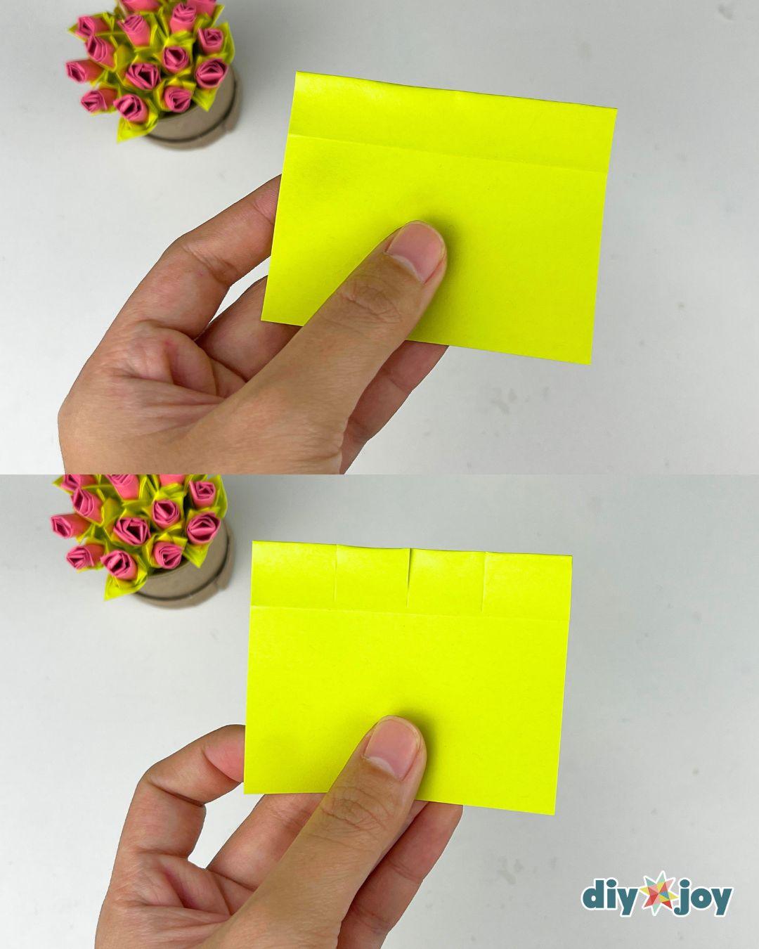 Two panel step showing a folded yellow sticky note being fringed with scissors to make paper flower leaves
