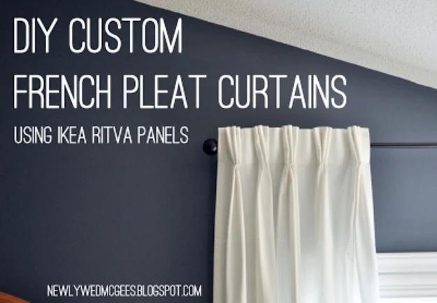Typeset graphic reading DIY Custom French Pleat Curtains over a cream pleated panel on a dark charcoal wall