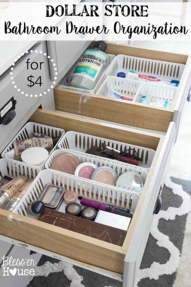 Dollar Store Bathroom Drawer Organization, a clever dollar store organizing idea and it looks great in person