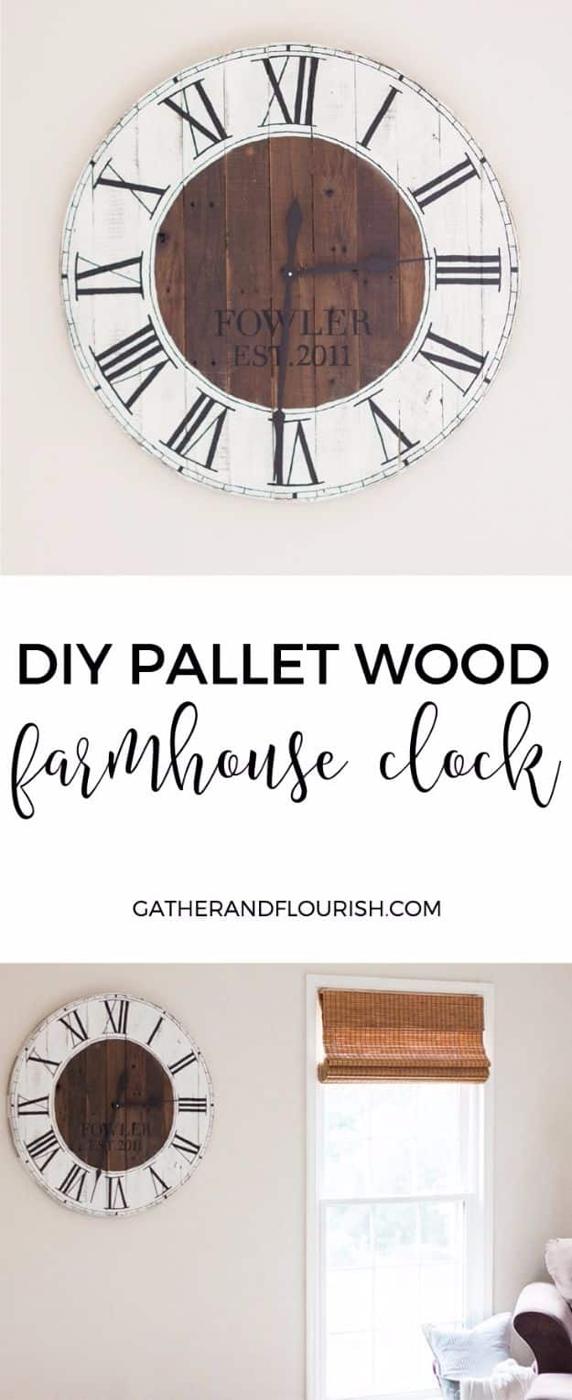 A large round clock built from weathered pallet boards hangs on a white wall, its stenciled numbers worn soft