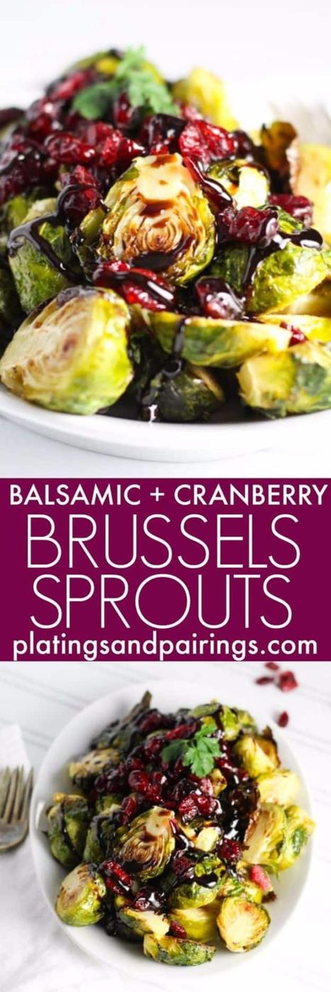 Roasted brussels sprouts with dried cranberries under a dark balsamic reduction drizzle on a serving platter