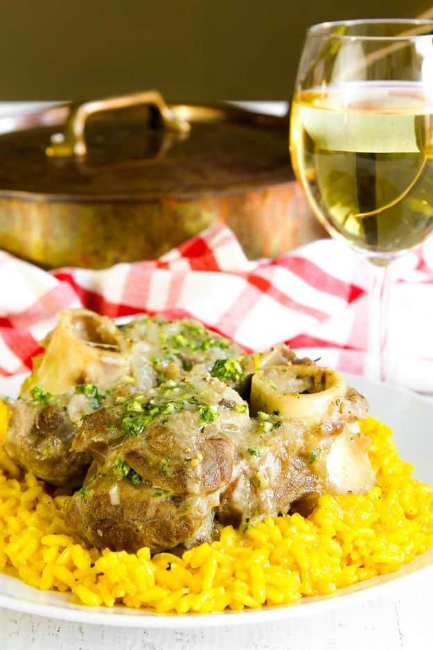 Osso buco Milanese, braised cross cut veal shanks in a rich sauce with the marrow visible in the bone