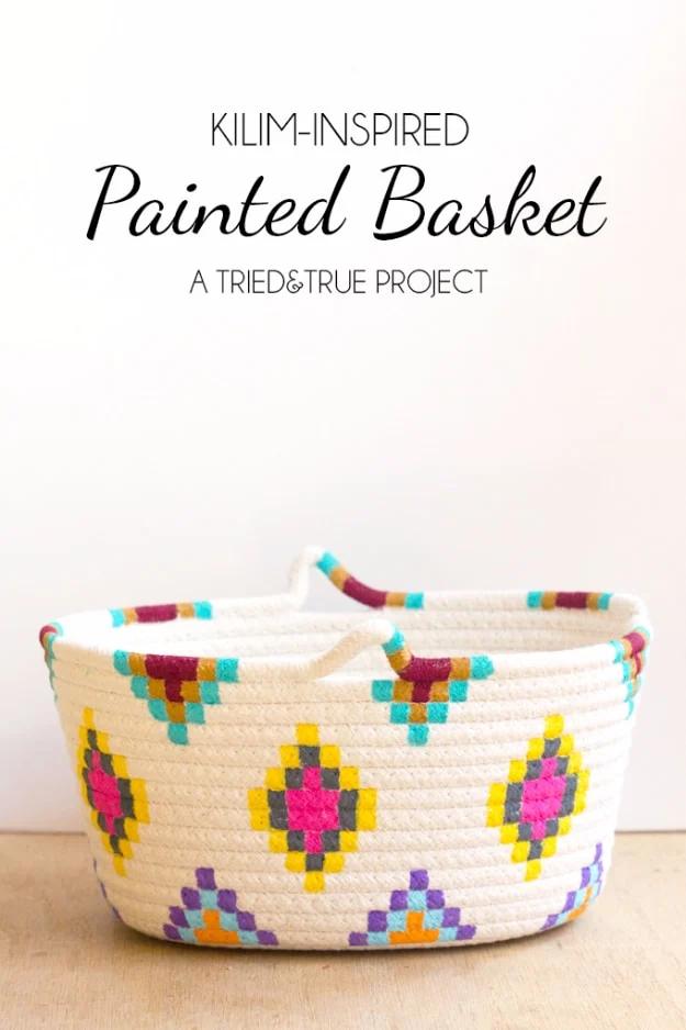 Kilim Inspired Painted Basket, quick enough to finish before nap time and warmth that a plain corner was missing