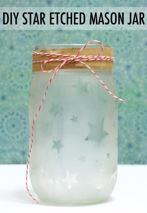 DIY Star Etched Mason Jar, an easy DIY using a jar and basic supplies and a budget friendly summer craft idea