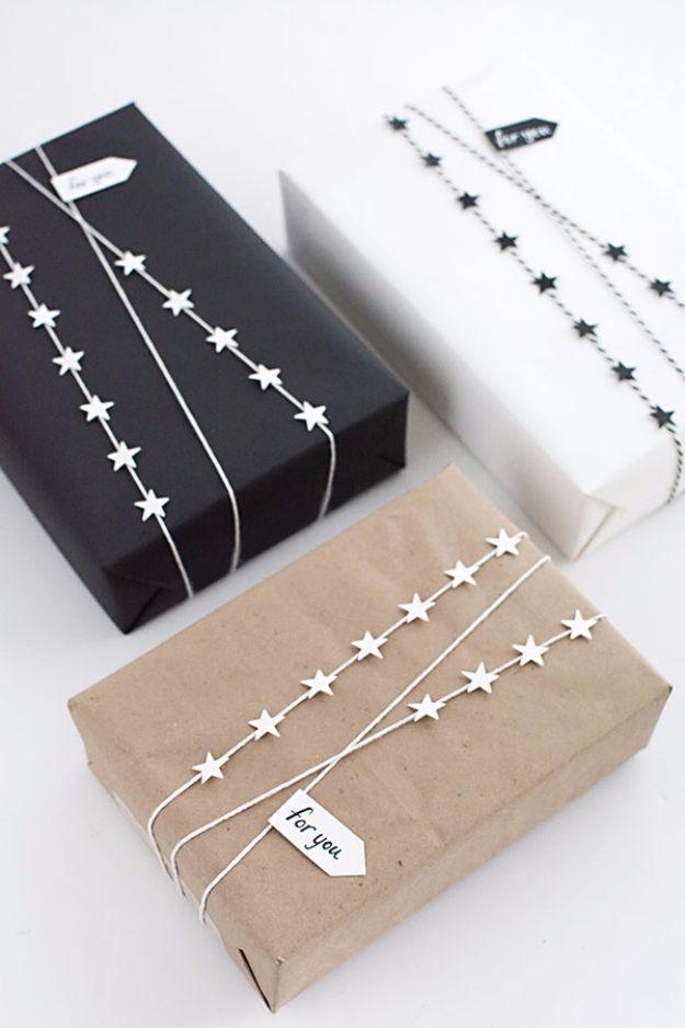 DIY Star Garland Gift Wrap, low effort but it never looks that way and a present that costs little but reads as generous