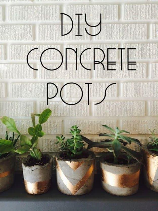 Gold Painted Concrete Succulent Patio Pots, a pretty DIY patio decor idea for outdoor living and it looks great in person
