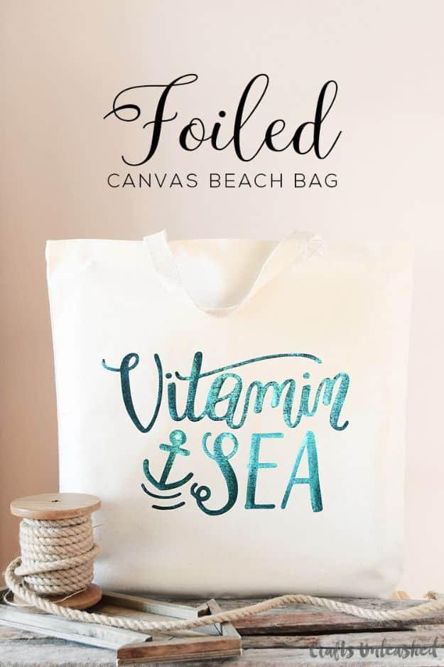 Foiled Canvas DIY Beach Bag, flexible enough to adjust as you go and something that looks far pricier than it was