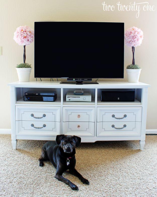 Dresser Turned TV Stand, flexible enough to adjust as you go and a nice way to make a plain corner feel finished