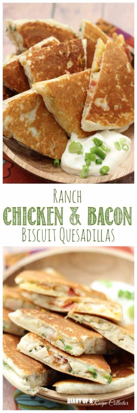 Quesadillas made from flattened canned biscuits filled with ranch chicken, bacon and melted cheese recipe worth making twice