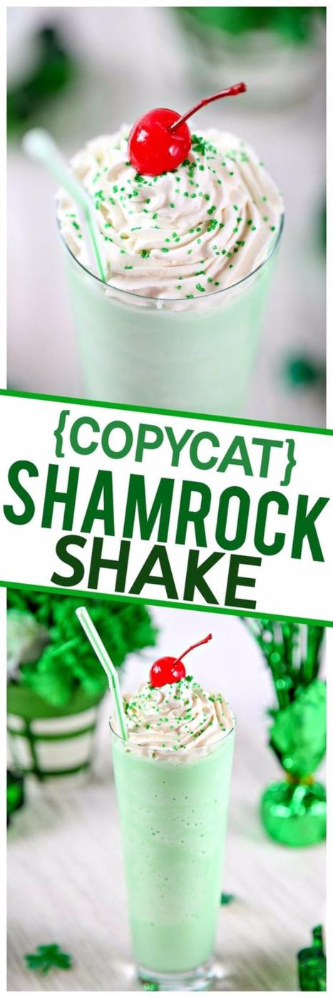 Homemade shamrock shake, a thick mint green milkshake topped with whipped cream and a maraschino cherry