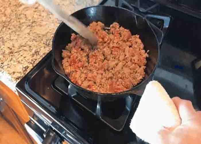 Cooking the ground beef for the Mexica-style skillet lasagna