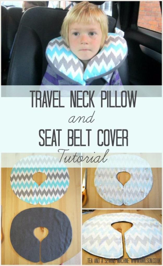 Gray and aqua chevron travel neck pillow worn by a child in a car seat, above four typeset build panels