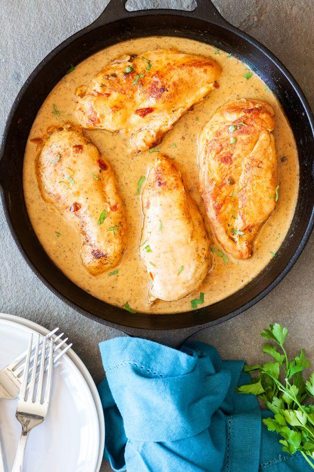 Country French skillet chicken in a creamy shallot and white wine sauce with fresh chopped parsley on top