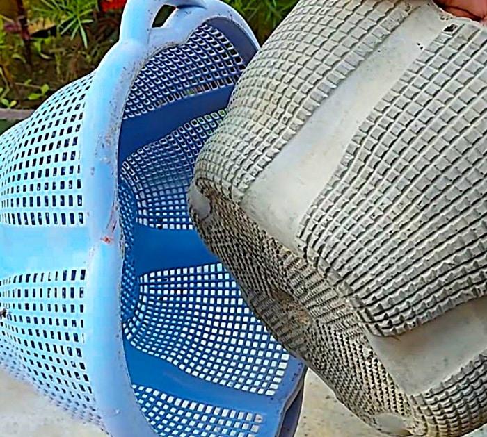 A finished boho cement pot with a ribbed laundry basket texture, an easy handmade concrete planter for a garden
