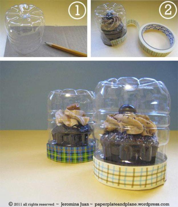 Collage of two cupcakes under clear plastic bottle domes on cardboard bases, sealed with plaid washi tape
