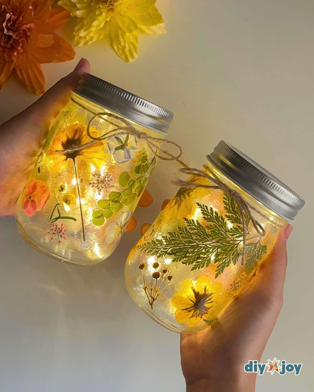 Easy Mason Jar Fairy Lights Pressed Flowers — cute diy gifts - mason jars with flowers