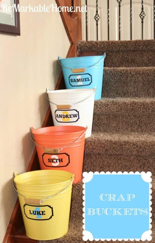 Crap Buckets, a clever dollar store organizing idea and an easy way to tidy up using cheap supplies for the collection