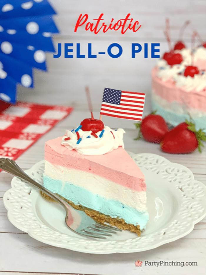 No bake jello pie layered bright red, white, and blue for an eye catching Fourth of July centerpiece