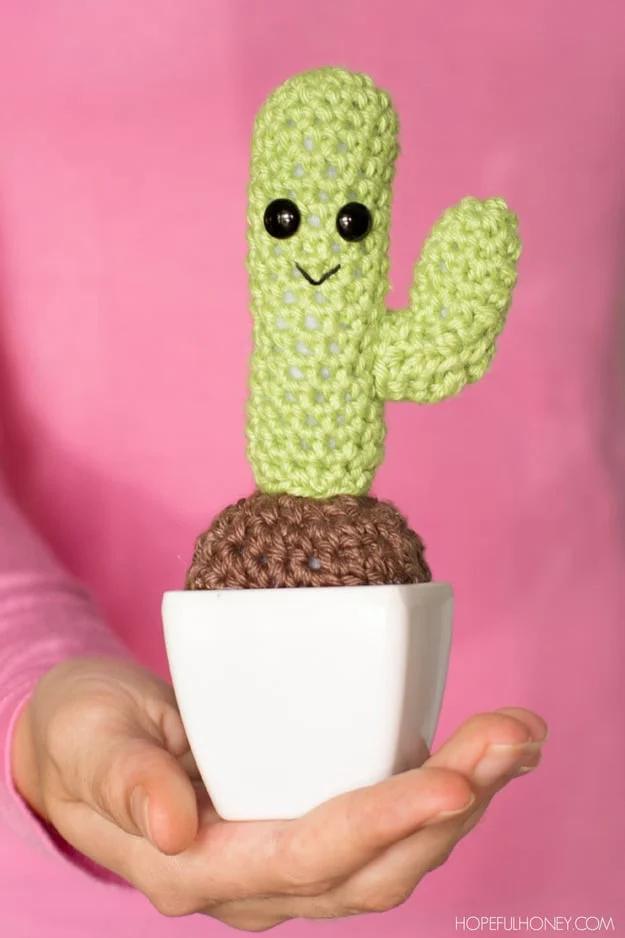 DIY crafts to make and sell: crocheted amigurumi cactus that never needs watering, desk decor for crochet beginners