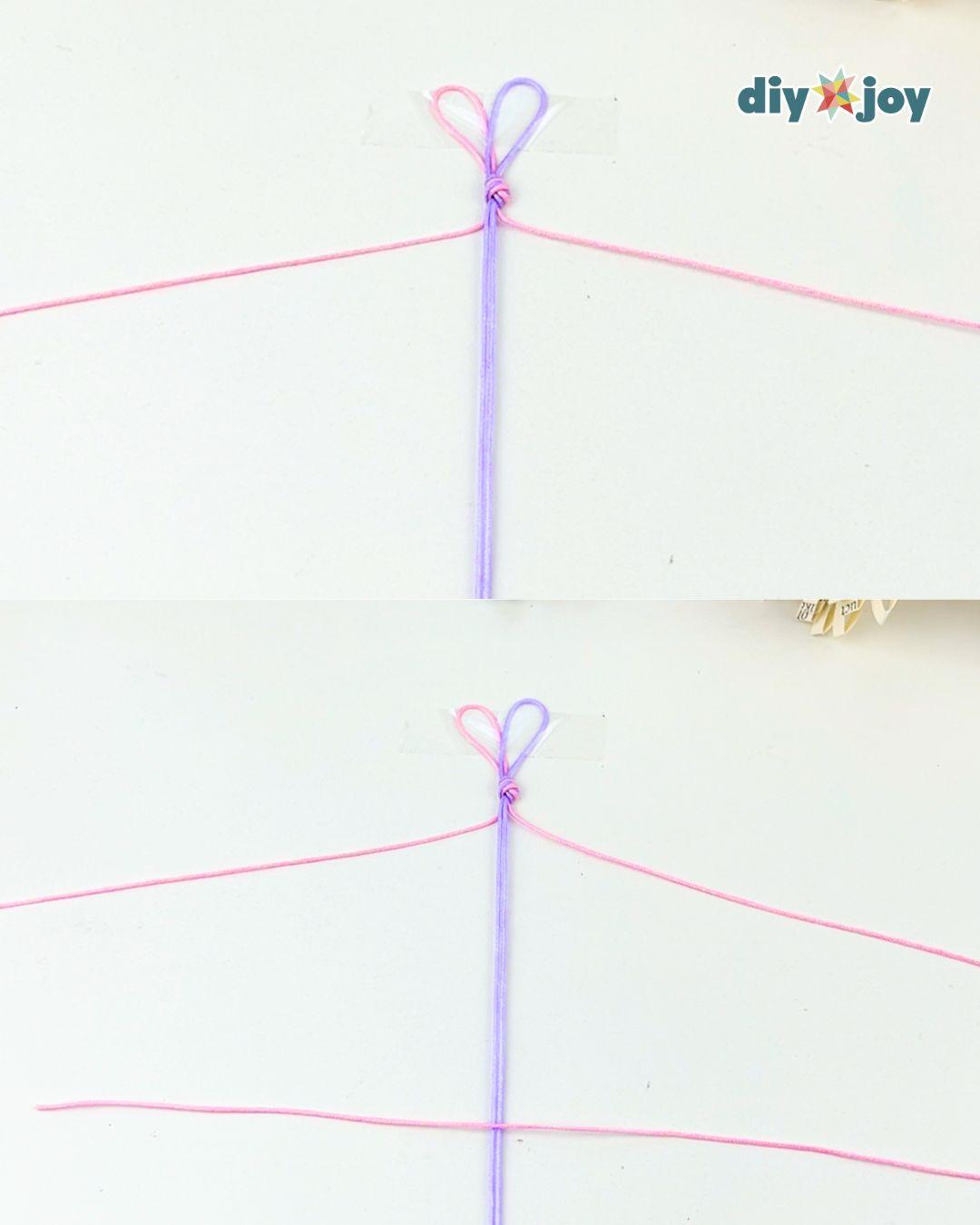 A DIY bracelet made from two colors of knotted macrame cord, shown flat to display the repeating square knot band