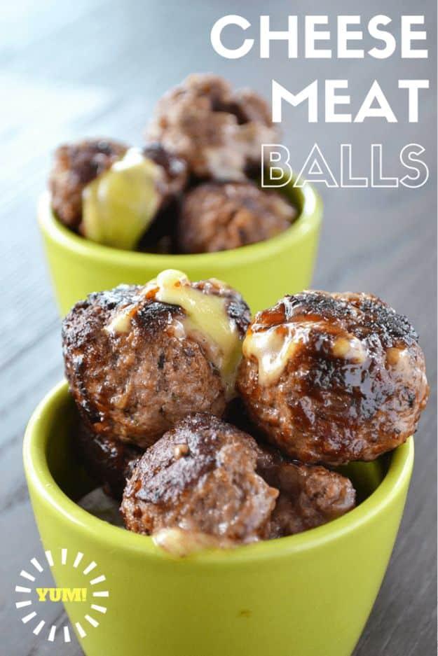 Graphic titled Cheese Meat Balls showing browned meatballs in green cups with melted cheese oozing out
