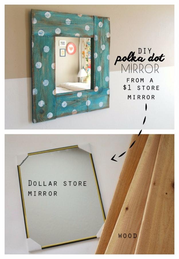 DIY polka dot mirror, a teal distressed wood framed mirror with white dots, above a photo of a plain dollar store mirror