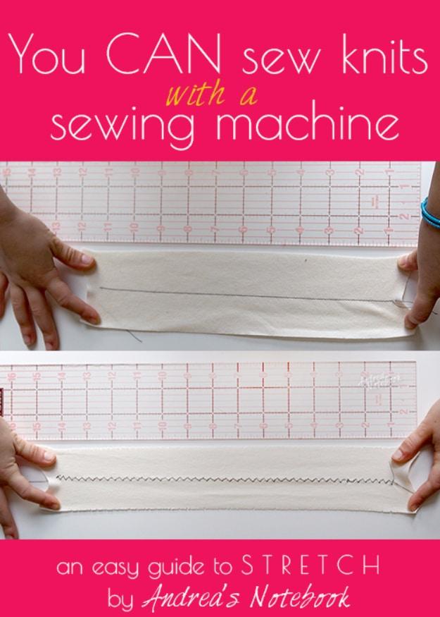 Pin graphic reading You CAN sew knits with a sewing machine above two hands stitching white knit fabric